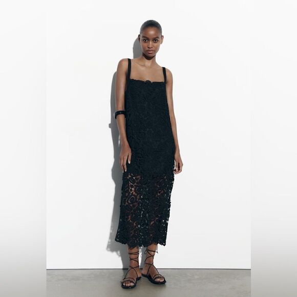 Zara Macrame Knit Dress Black New - Picture 3 of 9